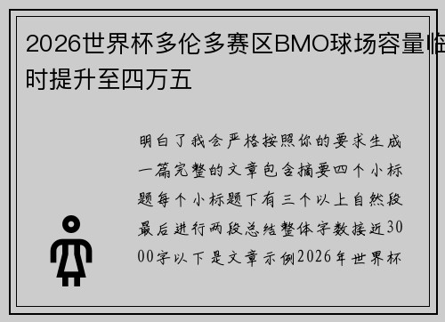 2026世界杯多伦多赛区BMO球场容量临时提升至四万五